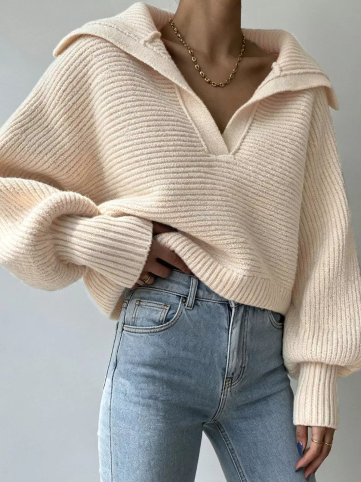Oversized Sailor Collar V-Neck Lantern Sleeve Ribbed Knit Cropped Sweater 2