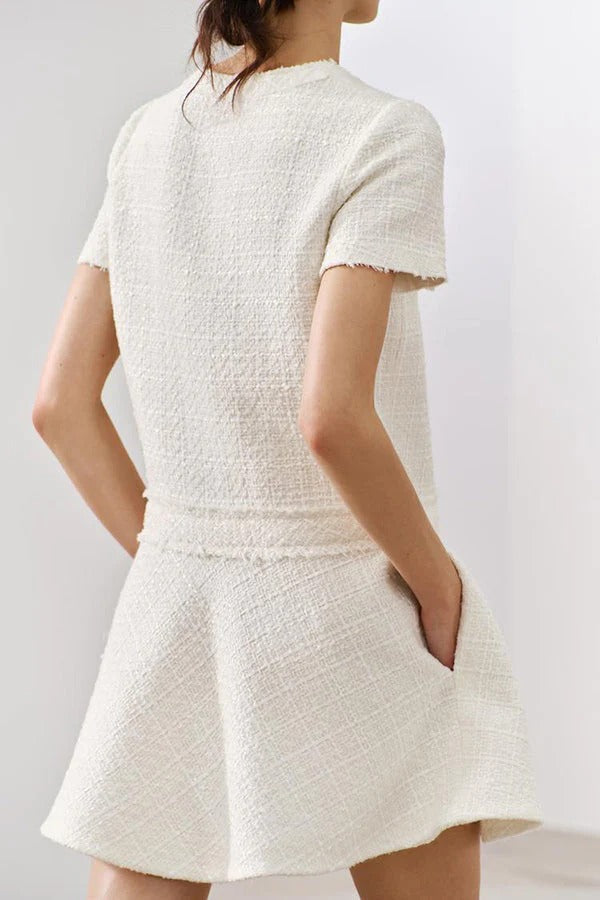 Textured Boucle Gold Button Short Sleeve A-Line Mini Dress
