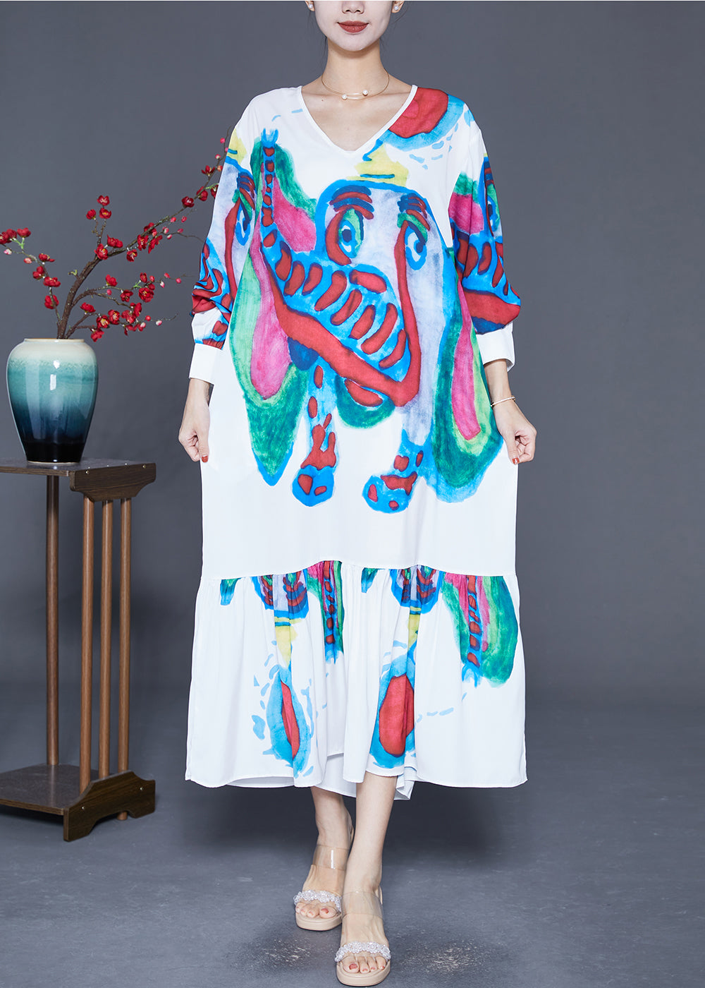 Abstract Print Long Sleeve V-Neck Tiered Ruffle Oversized Maxi Dress