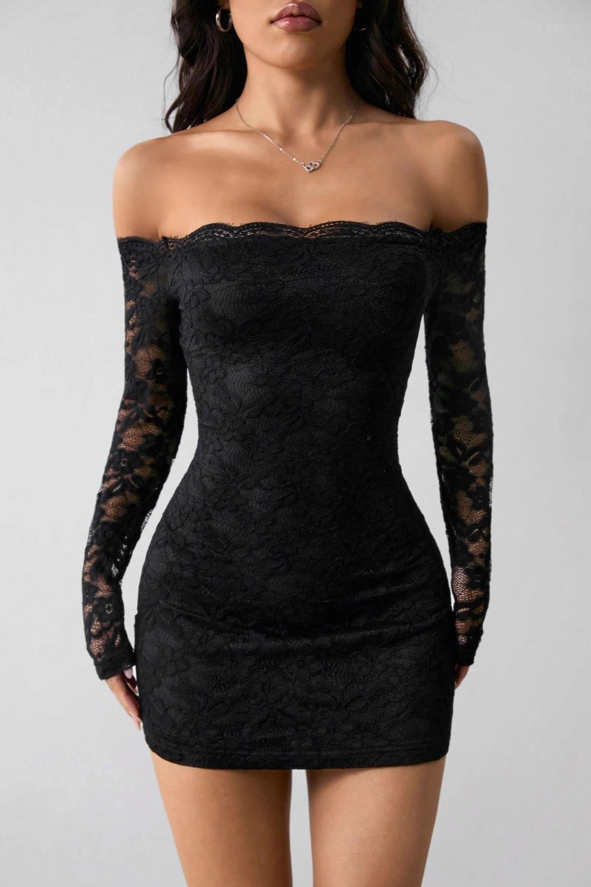 Off Shoulder Long Sleeve Slim Lace Dress 2