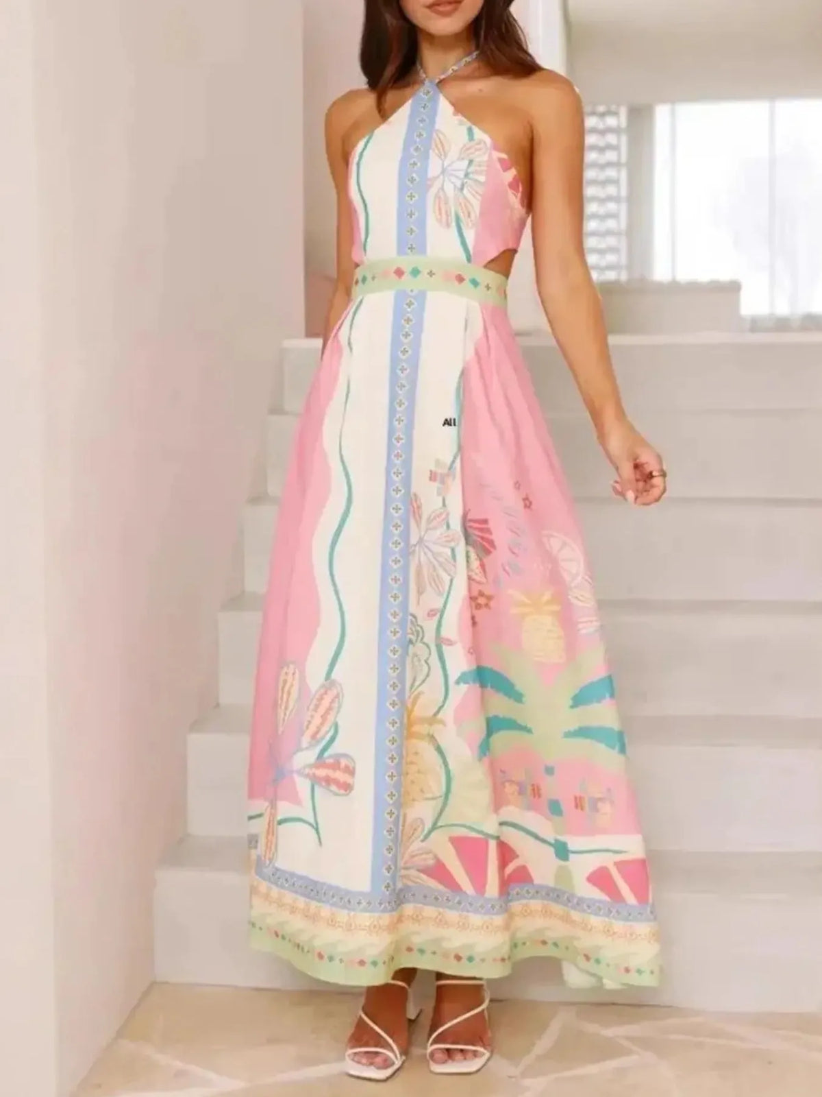 Tropical Print Halter Neck Side Cut Out A-Line Maxi Dress 6