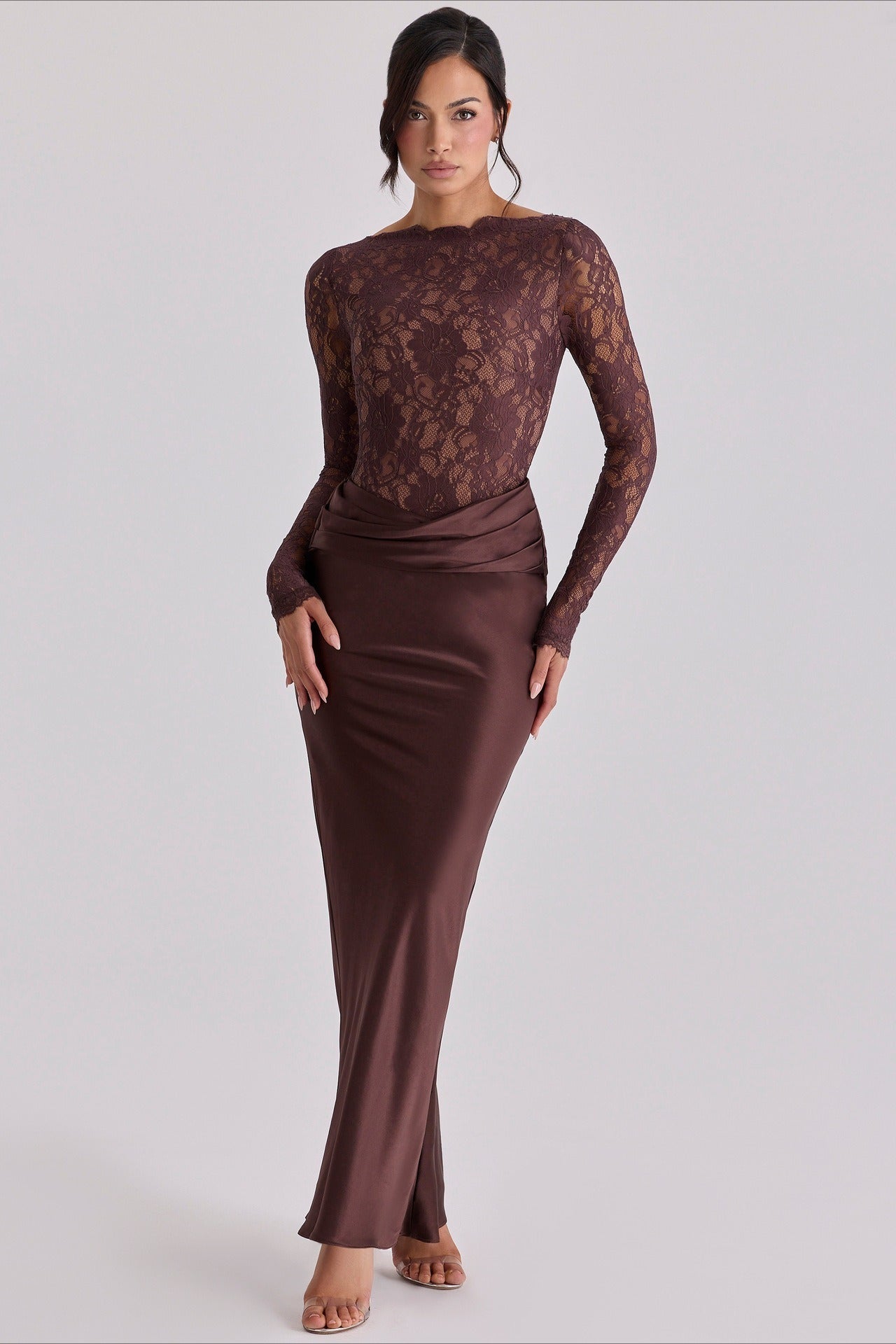 Sheer Lace Panel Ruched Satin Mermaid Maxi Lace Dress