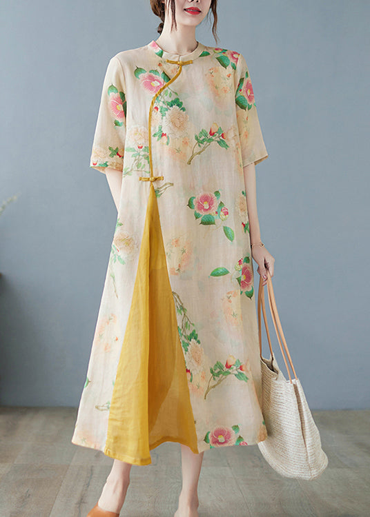 Floral Print Mandarin Collar Frog Closure Asymmetric Panel Short Sleeve Midi Dress