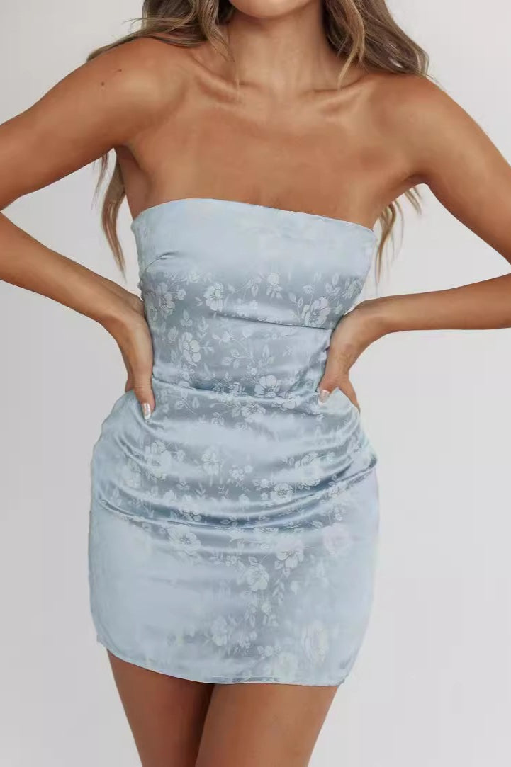 Floral Satin Strapless Ruched Bodycon Mini Dress