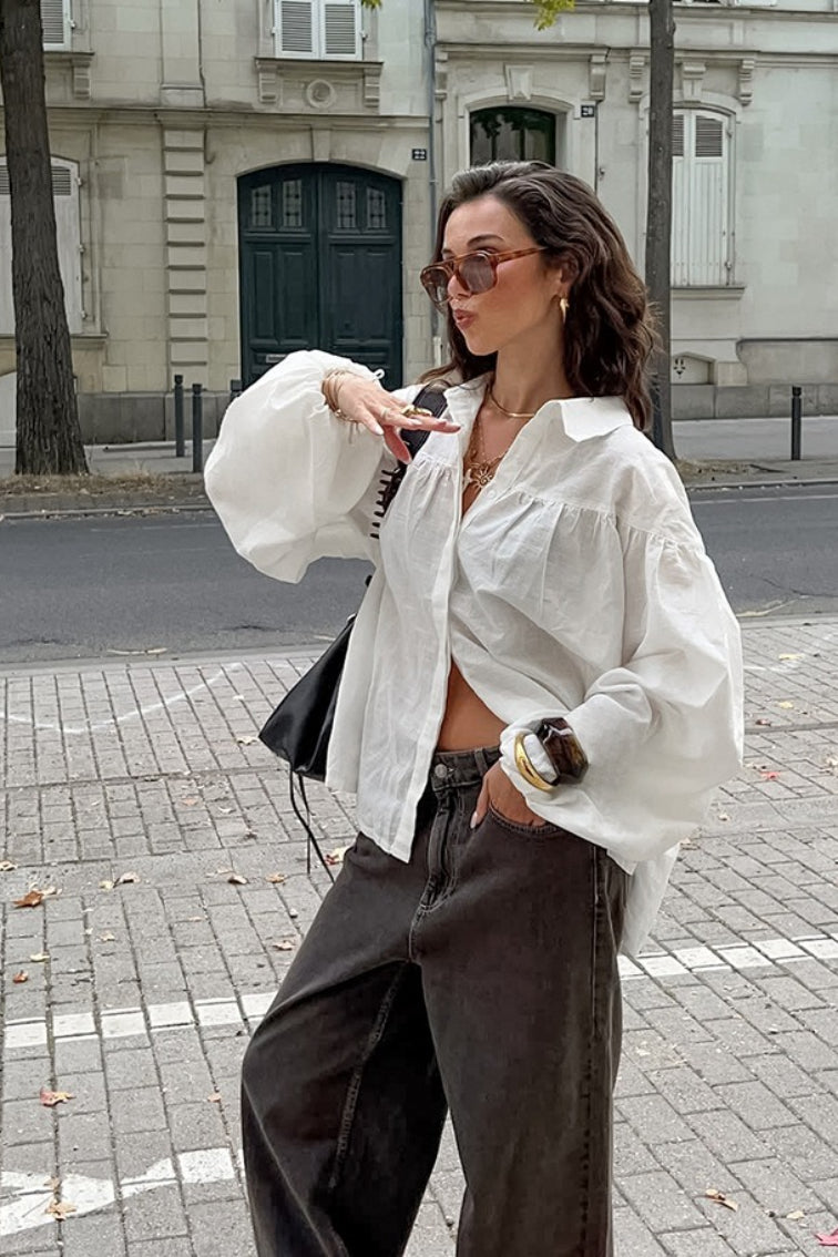 Collared Gathered Yoke Balloon Sleeve Oversized Button Front Shirt 3