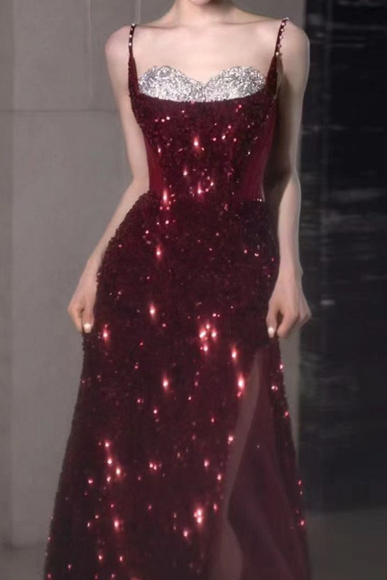 Spaghetti Strap Sequin Beaded High Split Mermaid Prom Gown