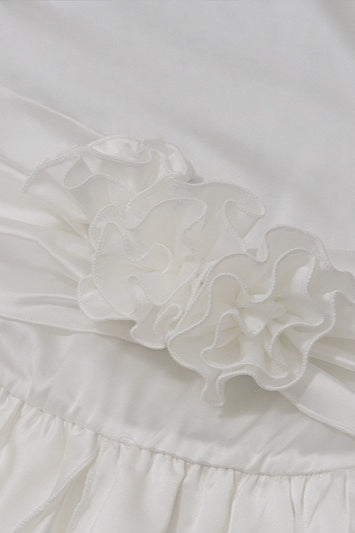 Satin One Shoulder Cowl Draped Rosette Waist Tiered Ruffle Mini Cocktail Dress