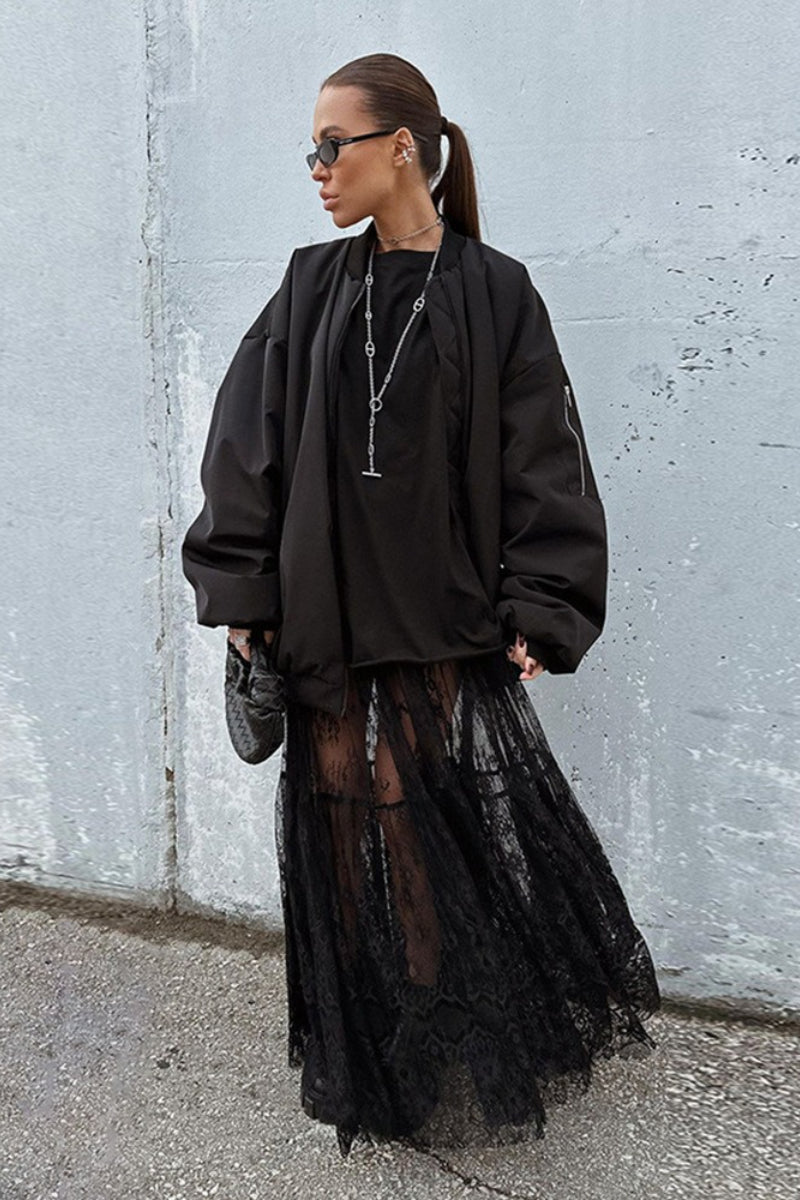 Black Lace Panel Boho Maxi Skirt