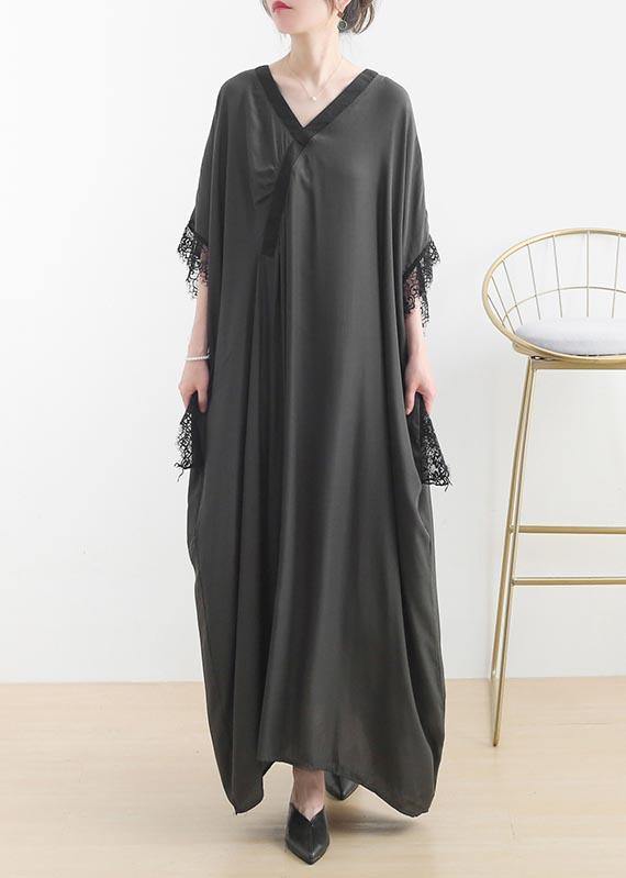 Deep V-Neck Wrap Overlay Batwing Sleeve Lace Trim Pocket Kaftan Maxi Dress