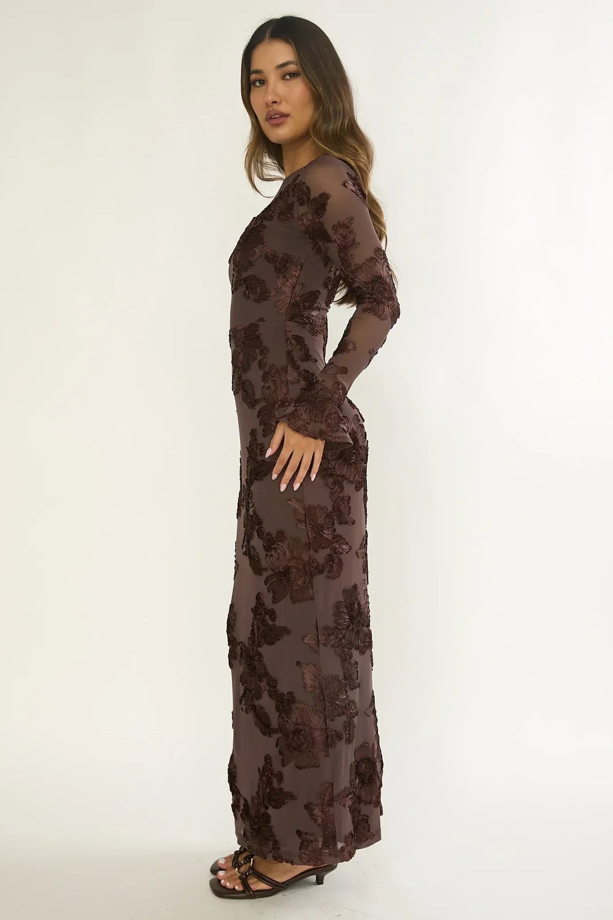 Floral Embroidered Mesh Long Sleeve Flare Cuff Maxi Dress 3