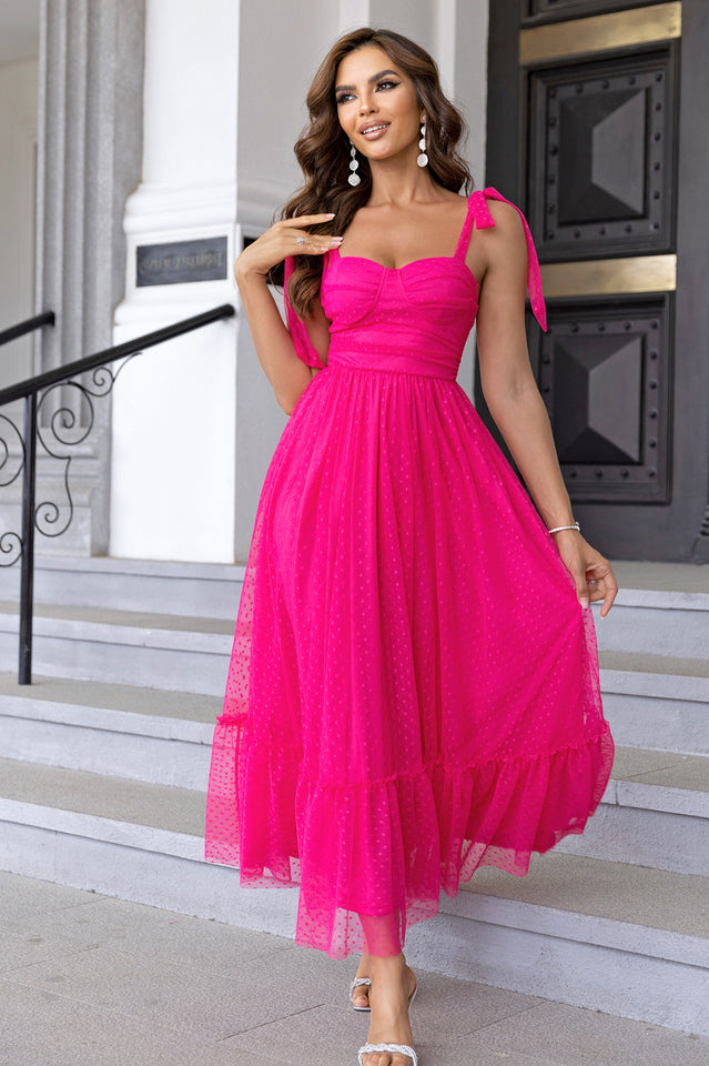 Tulle Swiss Dot Bustier Sweetheart Tie Shoulder Tiered Ruffle Maxi Dress