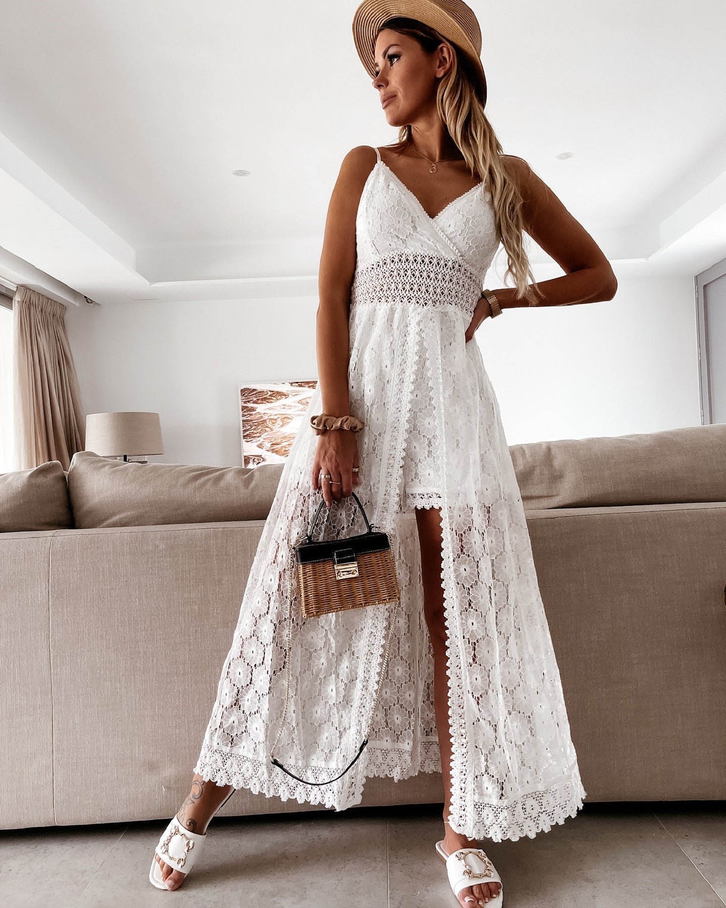 Lace Spaghetti Strap Smocked Bodice Crochet Hem Lace Trim Maxi Dress