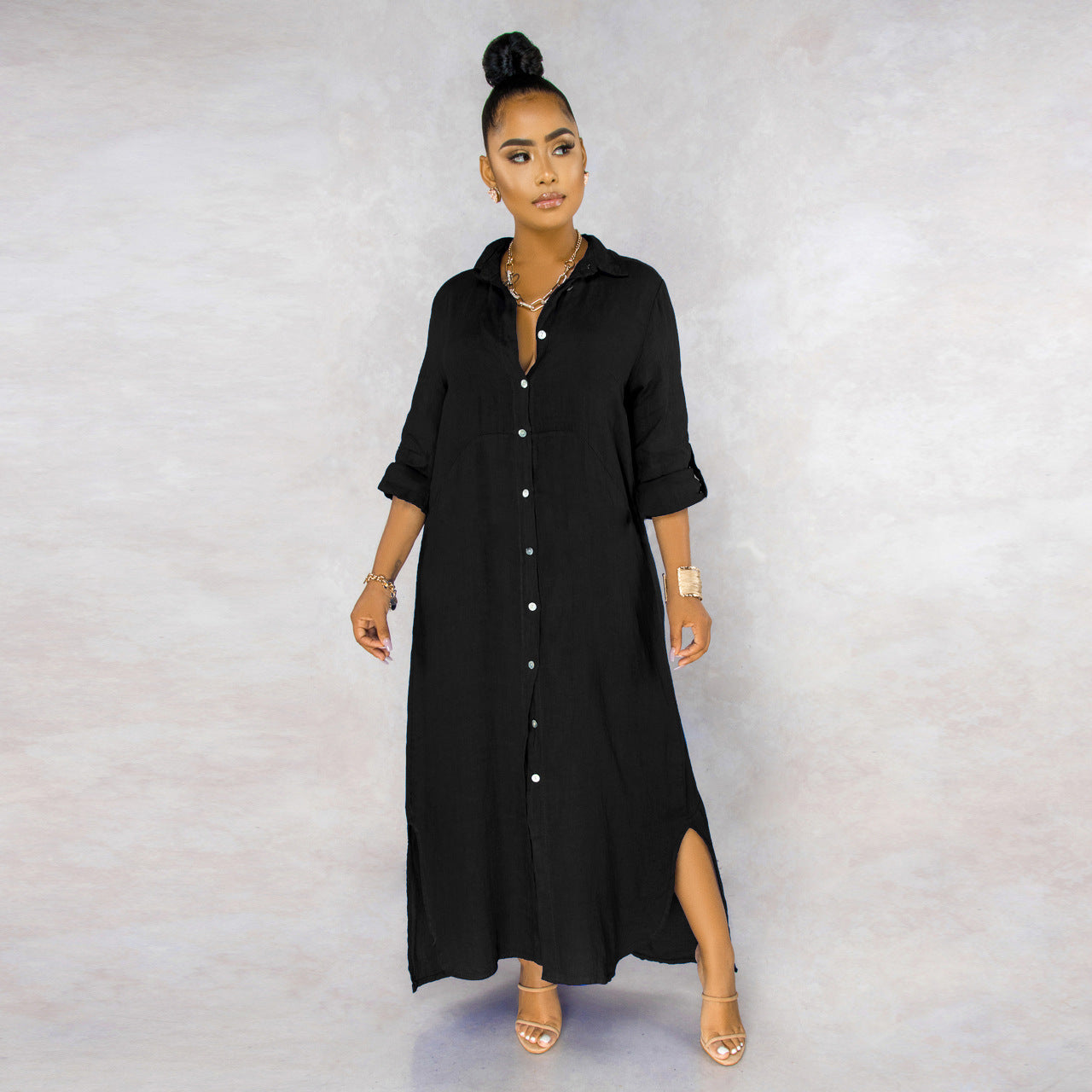 Button Down Collared Roll Tab Sleeve Box Pleat Back Oversized Maxi Shirt Dress