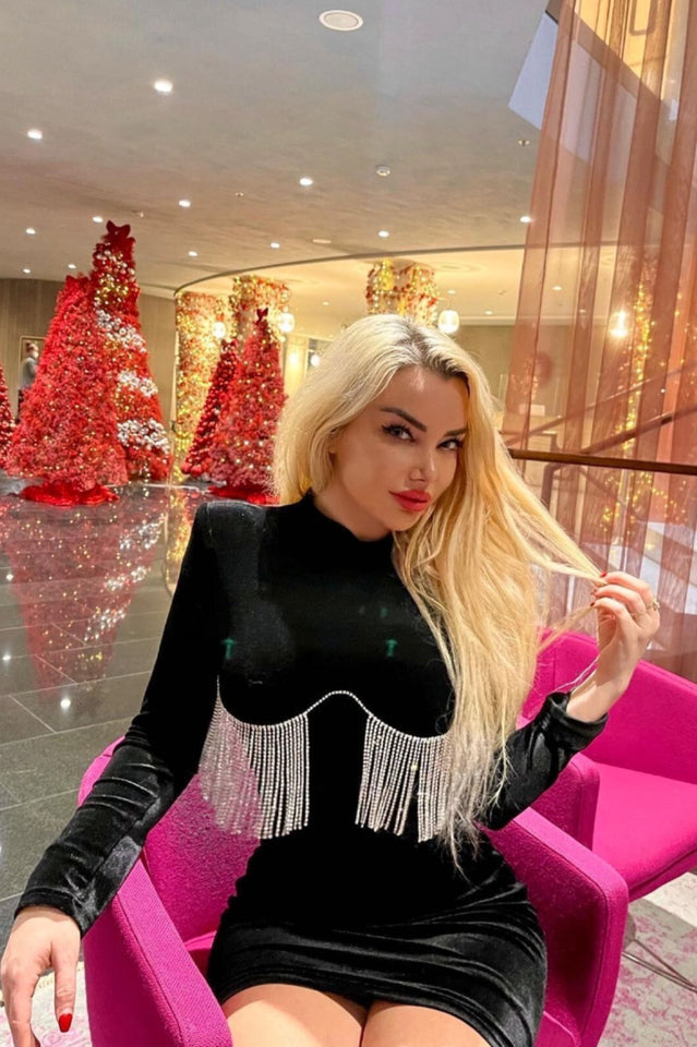 Velvet Mock Neck Long Sleeve Rhinestone Fringe Bodycon Mini Dress 9