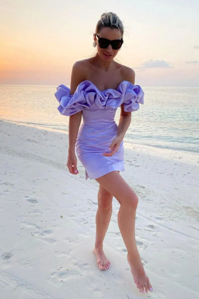 Off Shoulder Ruffle Peplum Corset Structured Satin Mini Dress