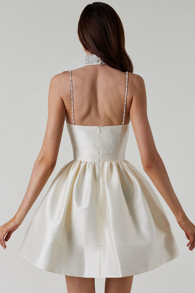 Rhinestone Strap Sweetheart Surplice Box Pleated Fit and Flare Mini Cocktail Dress