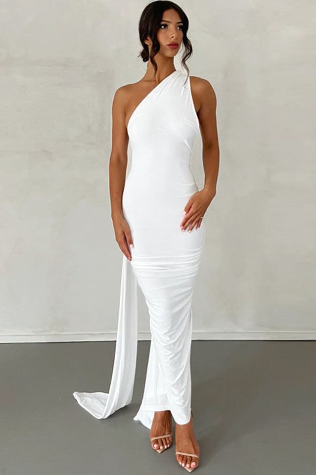 One Shoulder Ruched Open Back Trailing Sash Floor Length Gown