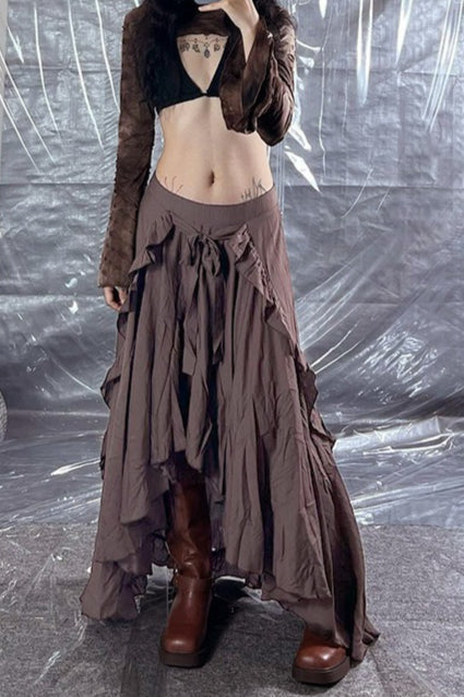 Low Rise Bow Front Ruffle Trim Asymmetric High Low Maxi Skirt