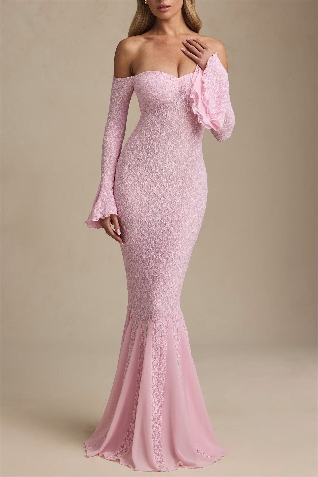 Sequin Off Shoulder Long Sleeve Mermaid Maxi Dress
