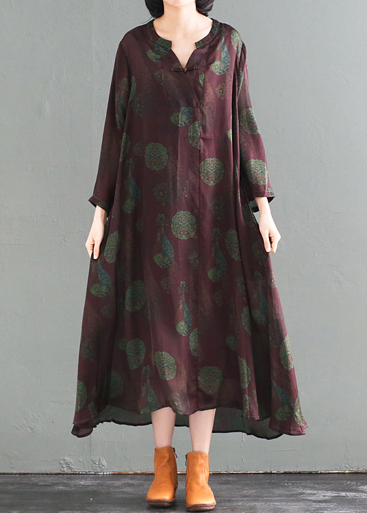 Medallion Print Mandarin Collar Frog Button High Low Long Sleeve Pocket Maxi Dress