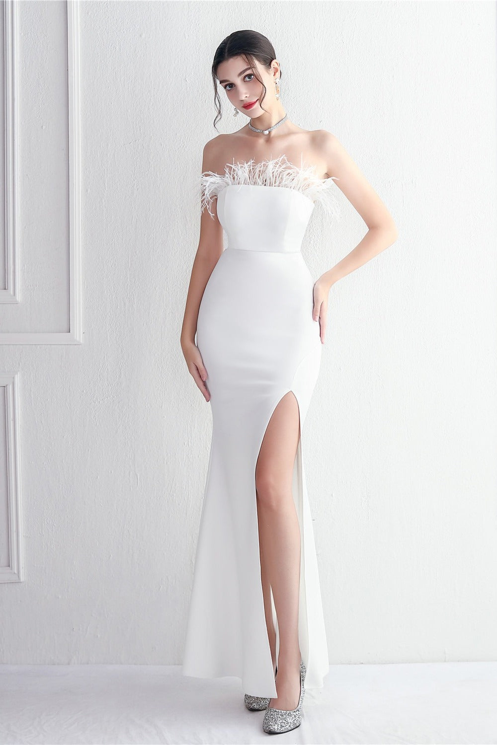 Feather Trim Strapless High Split Mermaid Gown
