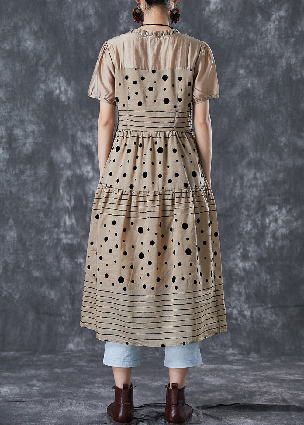 Polka Dot Stripe Patchwork Ruffle Neck Short Sleeve Tiered Midi Dress