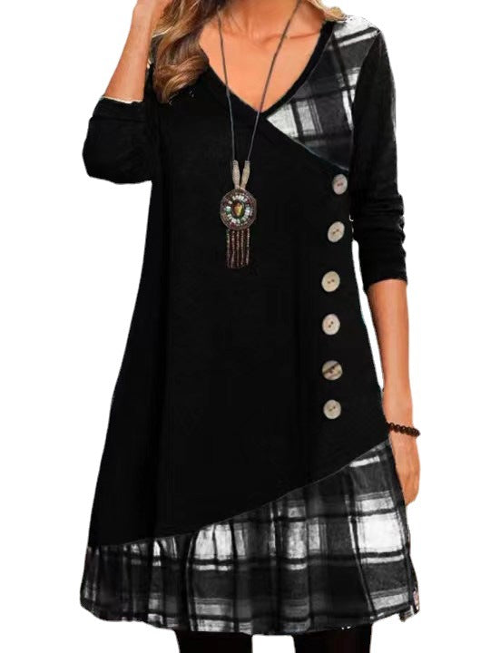 Plaid Patchwork V-Neck Long Sleeve Button Front Tunic Dress 4
