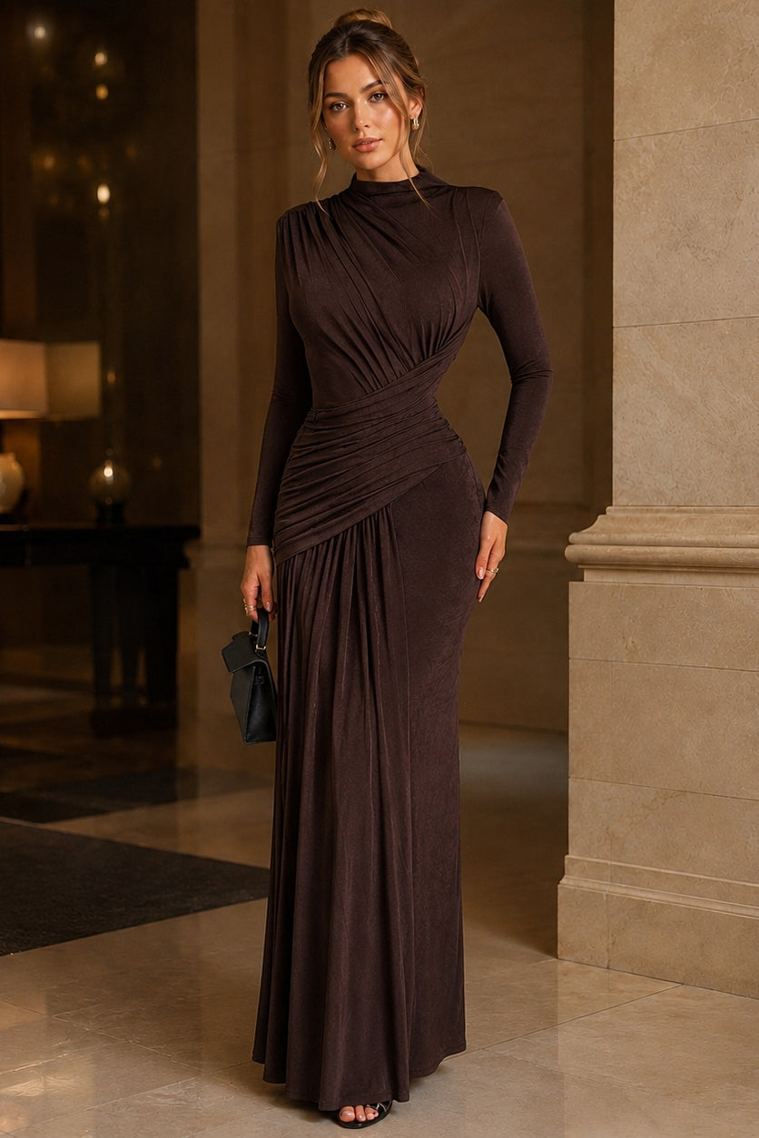 Mock Neck Long Sleeve Ruched Draped Waist Maxi Dress 7
