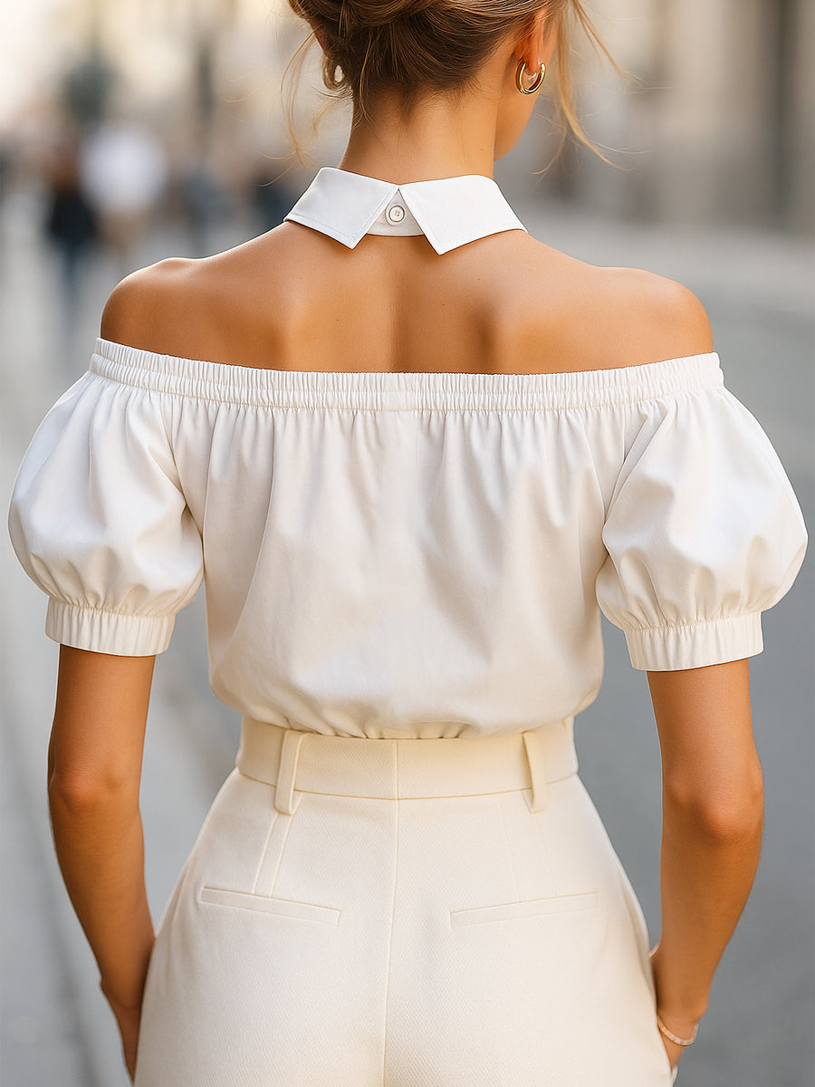 Off Shoulder Collared Button Front Puff Sleeve Top