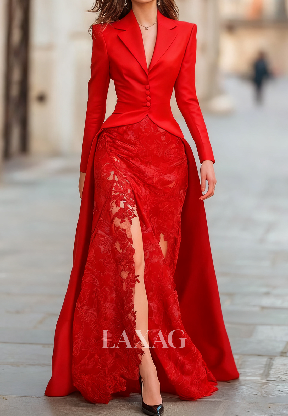 Deep V-Neck Long-Sleeves Satin&Lace Floor-Length Mermaid Evening Dress with Train