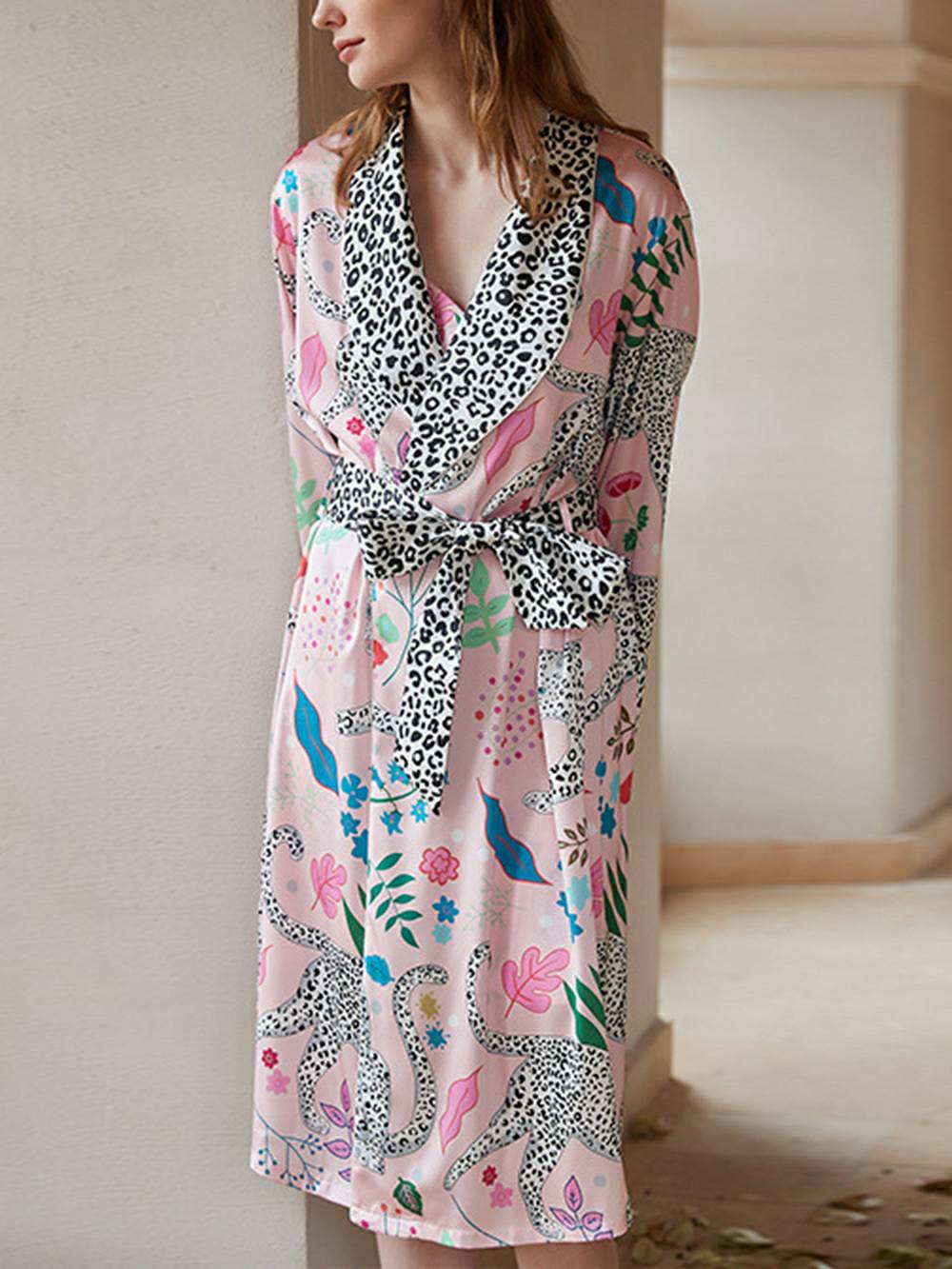 Floral Leopard Print Wrap Belted Robe Set