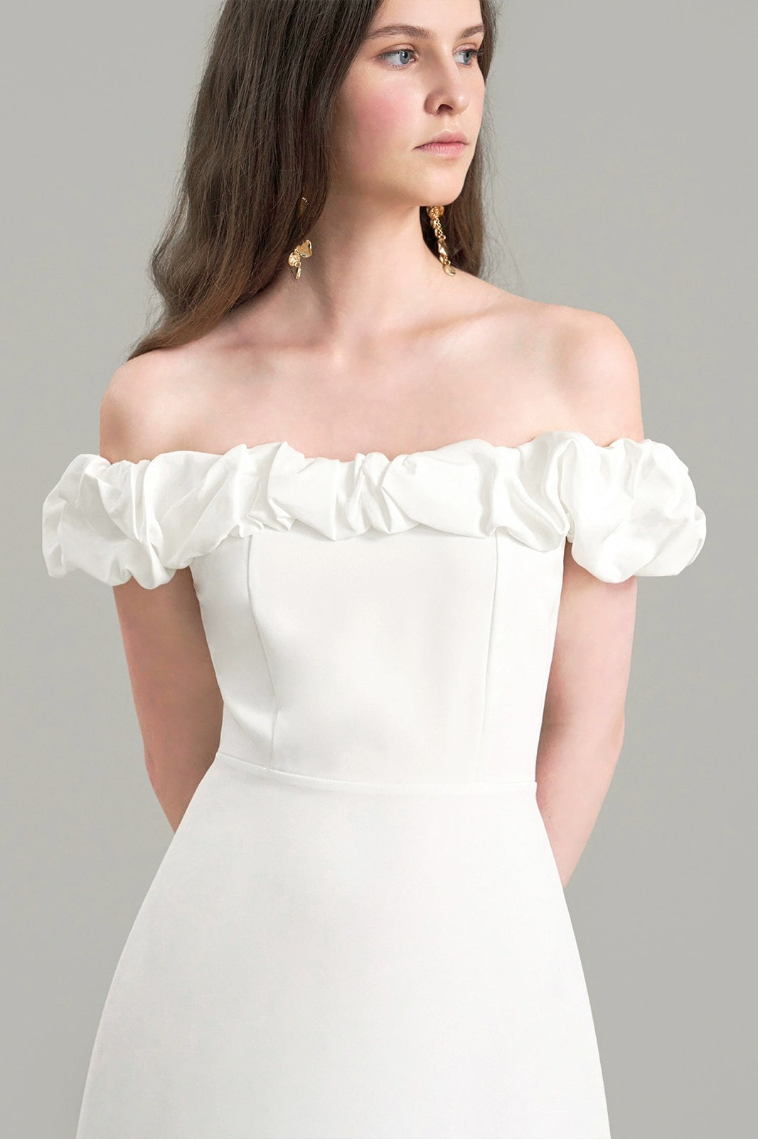 Satin Off Shoulder Ruched Puff Trim Fitted Cocktail Dress