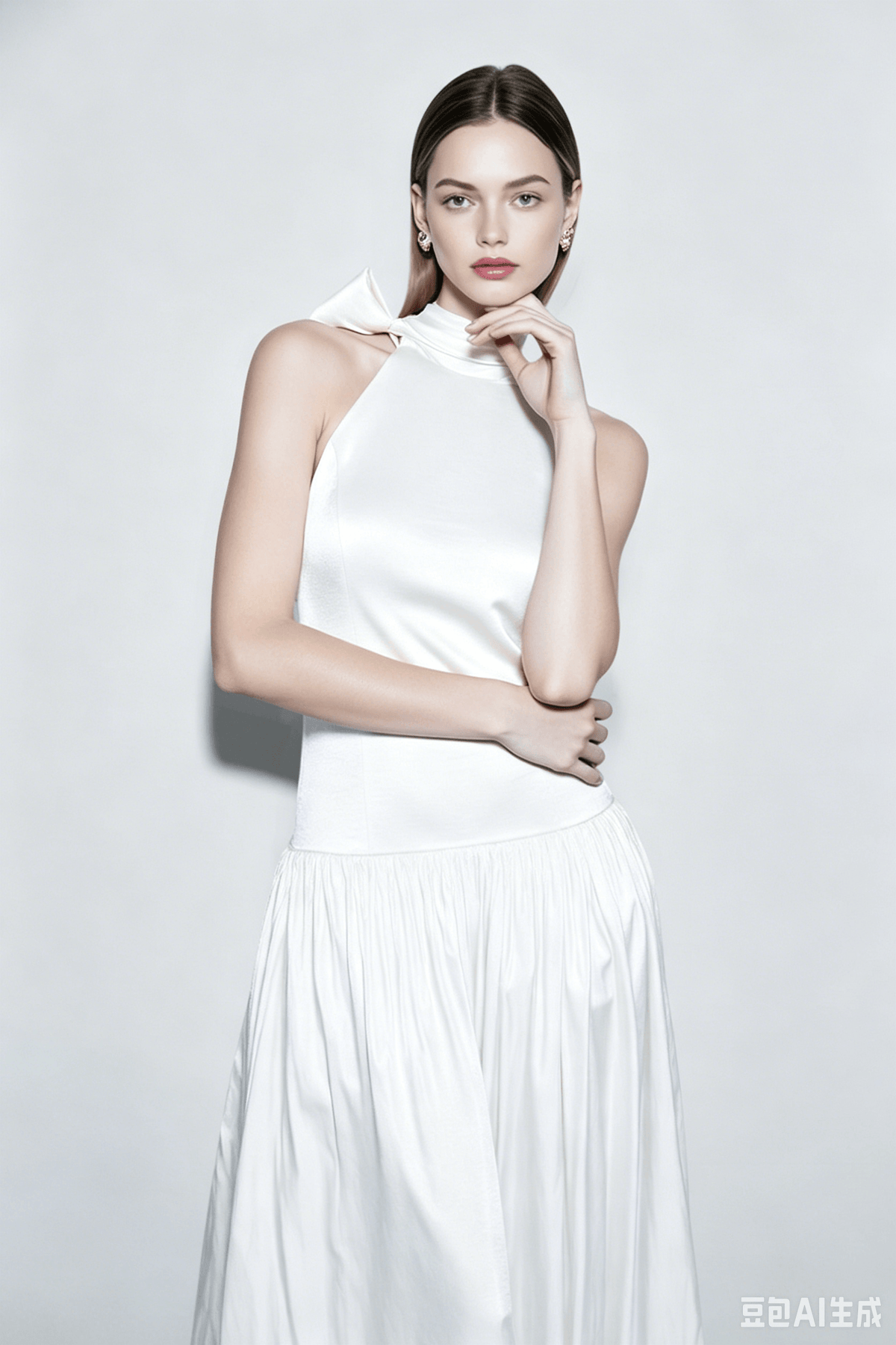 Satin Halter Neck Bow Tie Drop Waist Gathered Skirt Maxi Dress