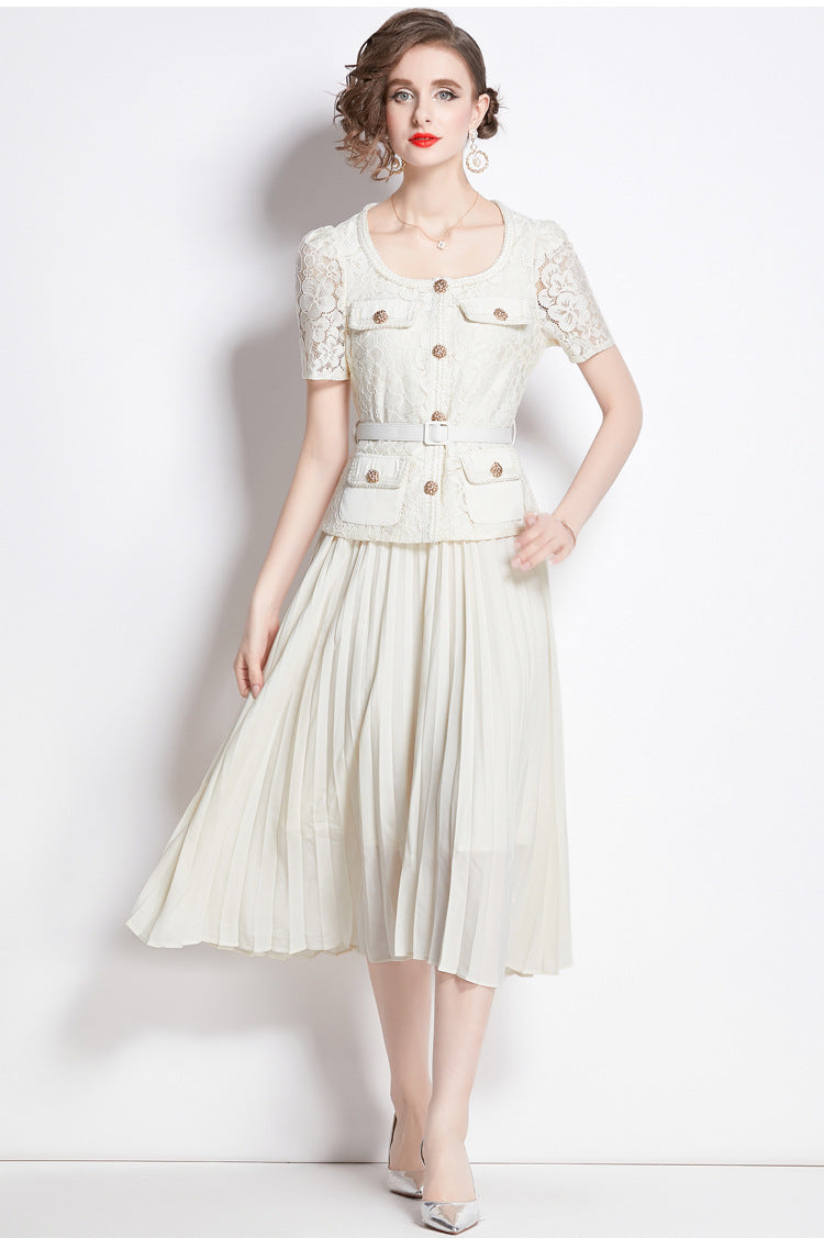 Faux Two Piece Lace Long Sleeve Pleated Midi Dress 39