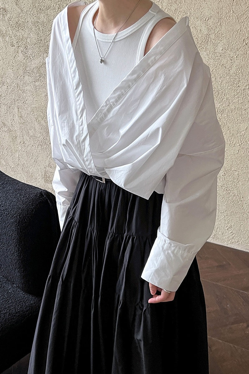V-Neck Long Sleeve Twist Front Layered Tank Mock Two Piece Shirt 2
