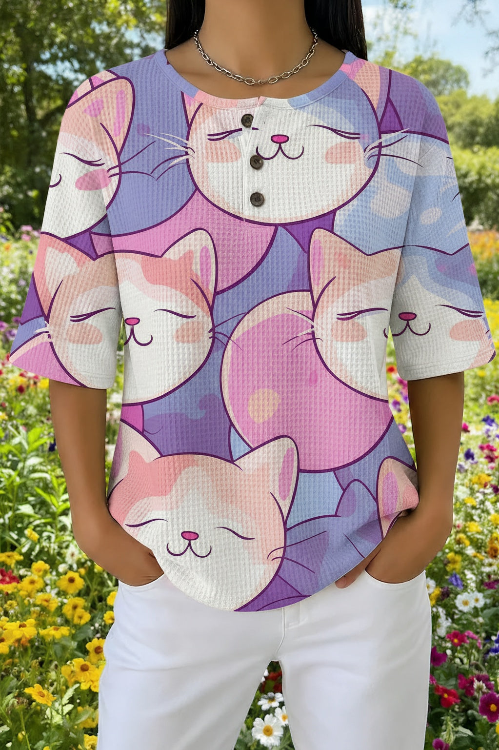 Cat Print Waffle Knit Short Sleeve Henley Top