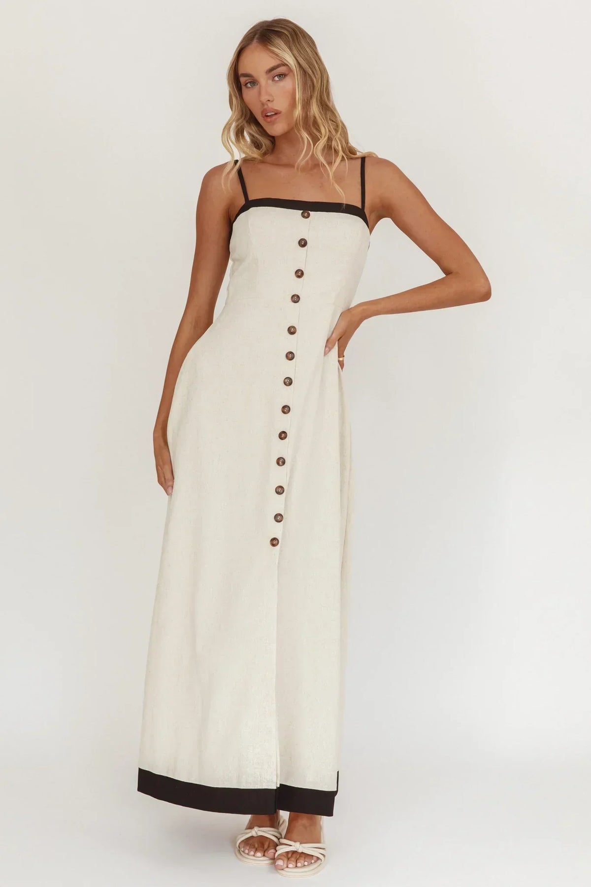 Contrast Trim Button Front Straight Neck Maxi Dress