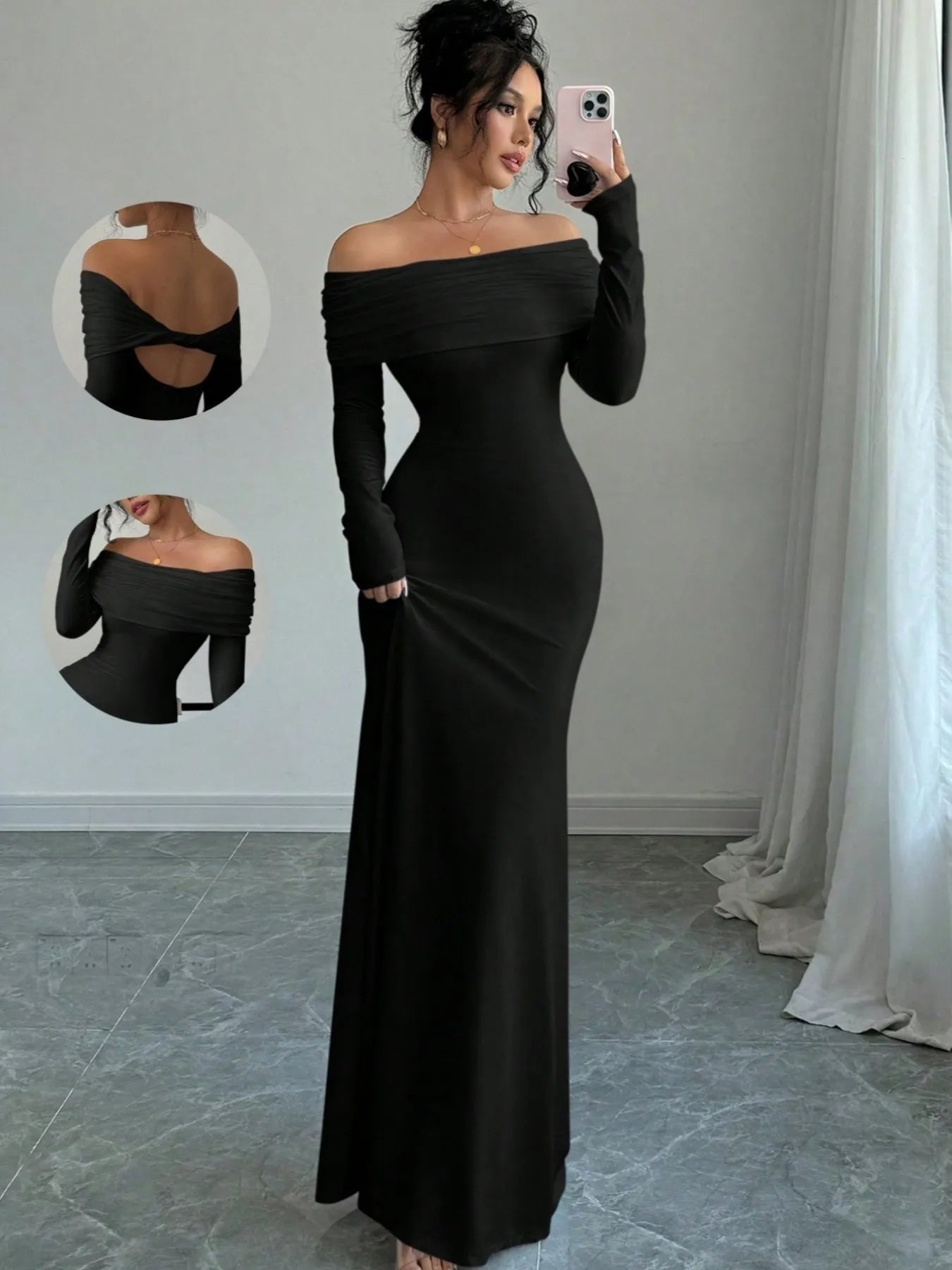 Off-Shoulder Long Sleeve Bodycon Maxi Dress Black