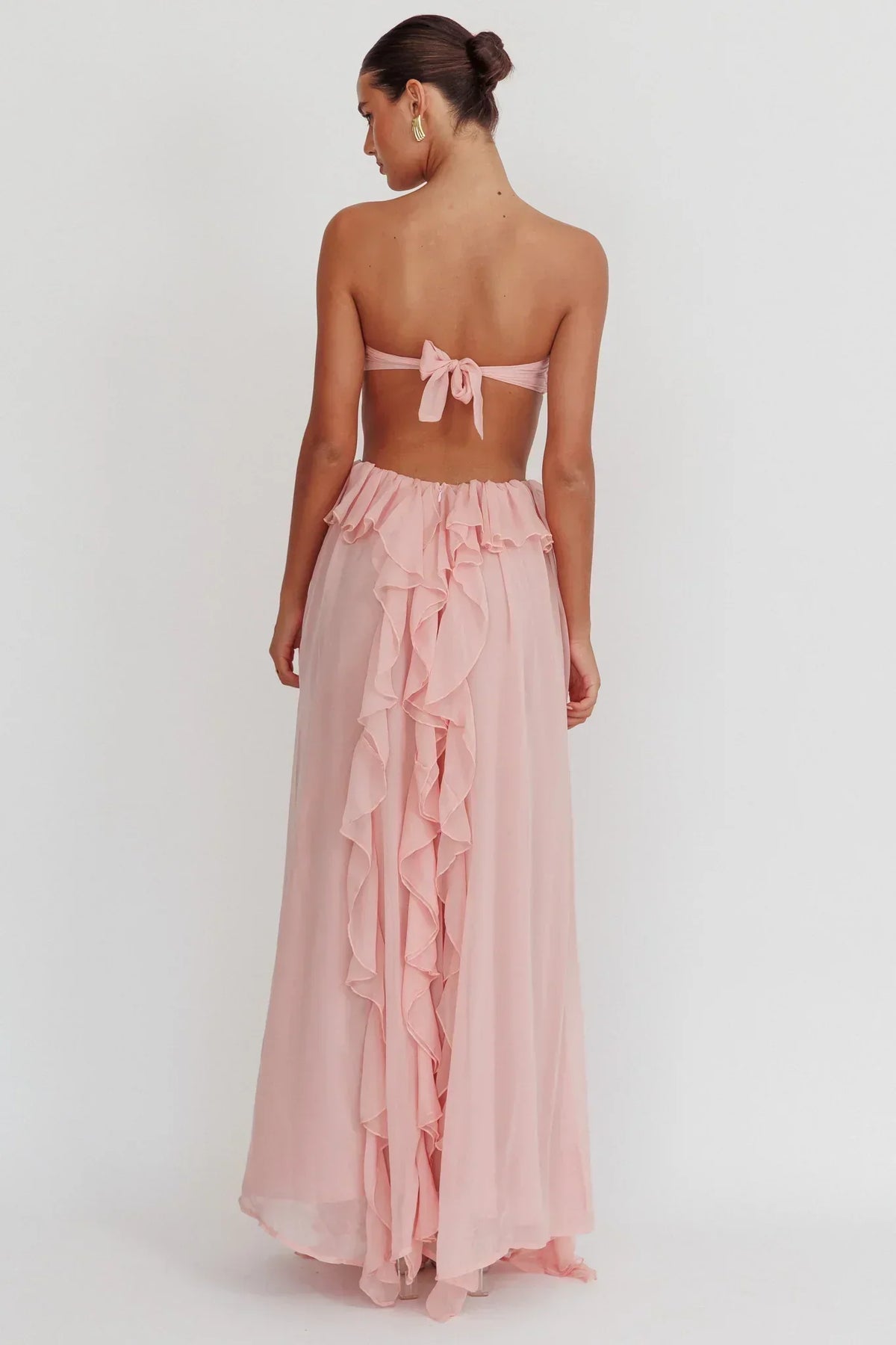 Chiffon Strapless Rosette Tie Front Cut Out Ruffle Maxi Dress 3