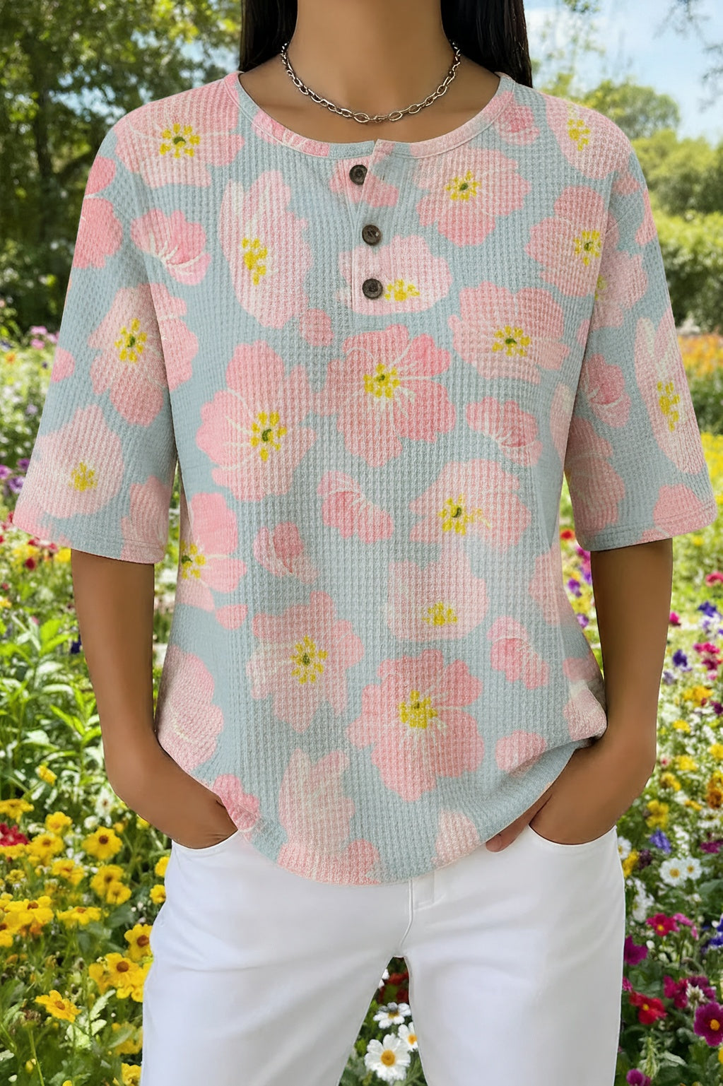 Womens Pink and Blue Striped Floral Print Casual Henley Shirt