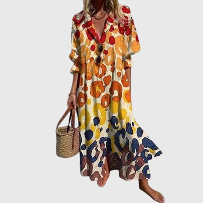 Watercolor Floral Print Split Neck Long Sleeve Maxi Dress
