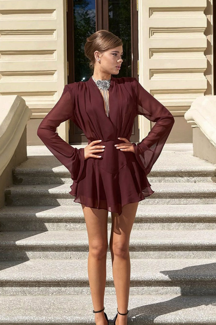 Burgundy Chiffon V Neck Long Sleeve Waist A Line Mini Dress - View 2