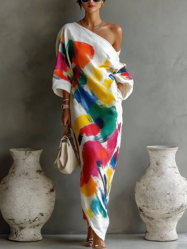 Abstract Print One Shoulder Long Sleeve Maxi Dress 2