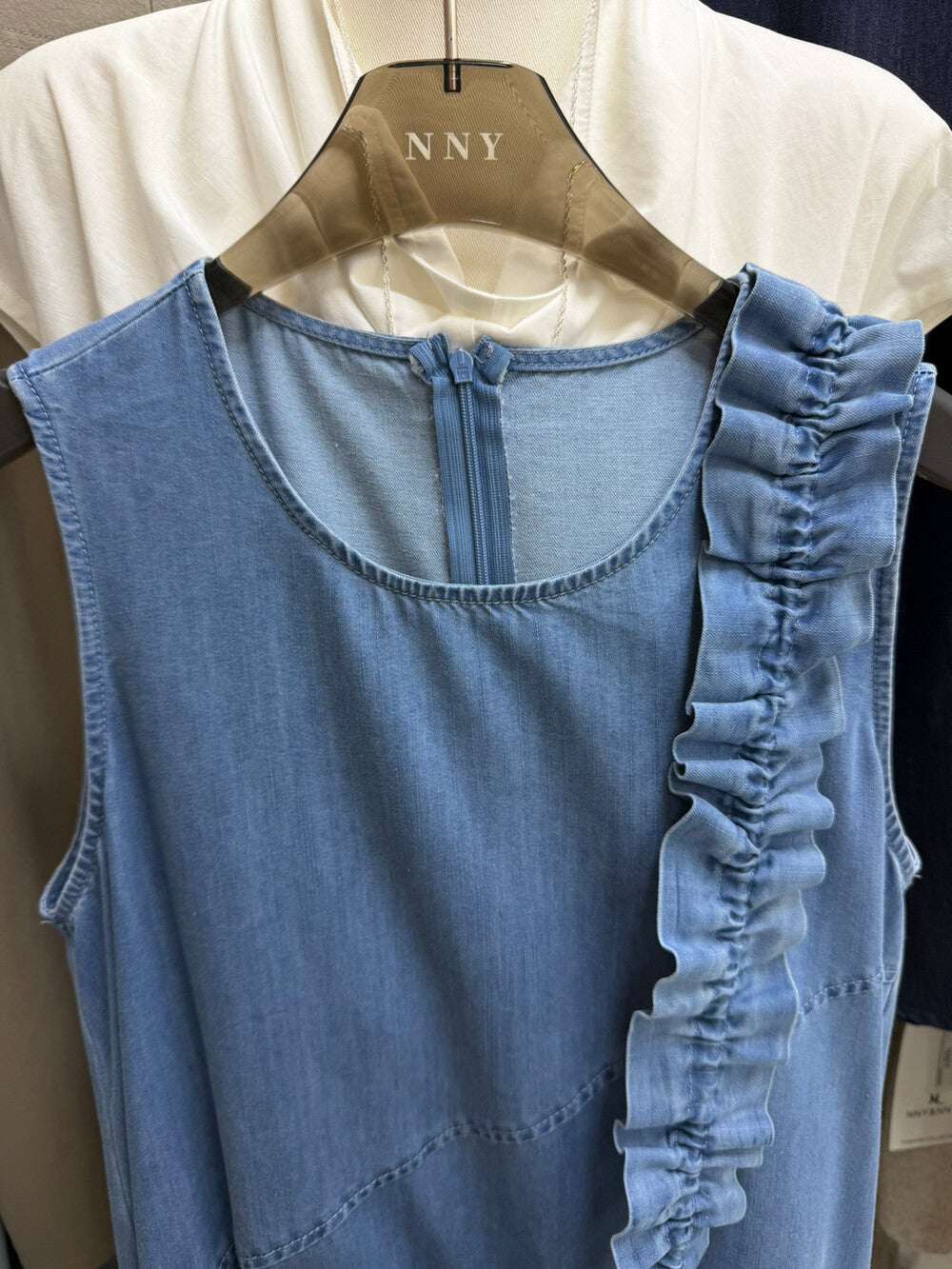 Denim Sleeveless Ruffle Trim A-Line Maxi Dress 7