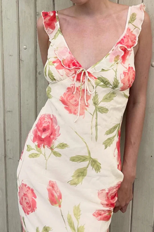Floral V-Neck Tie Front Bias Cut Midi Dress