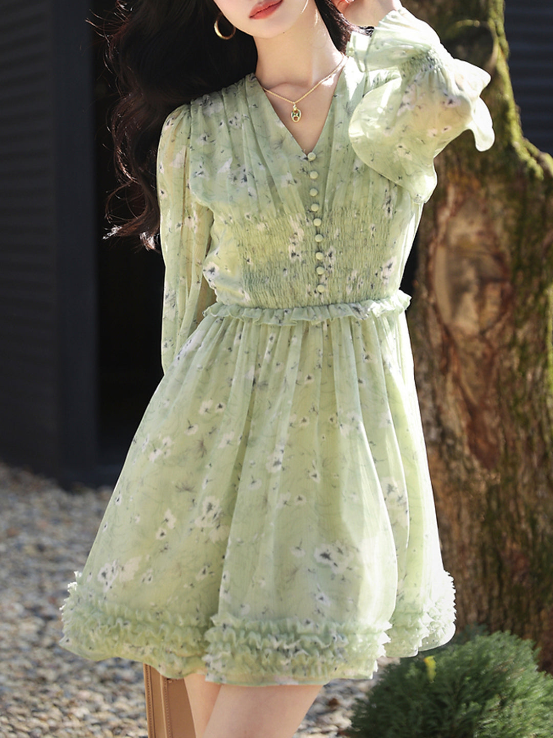 Floral Print V-Neck Button Front Smocked Waist Balloon Sleeve Ruffle Hem Mini Dress