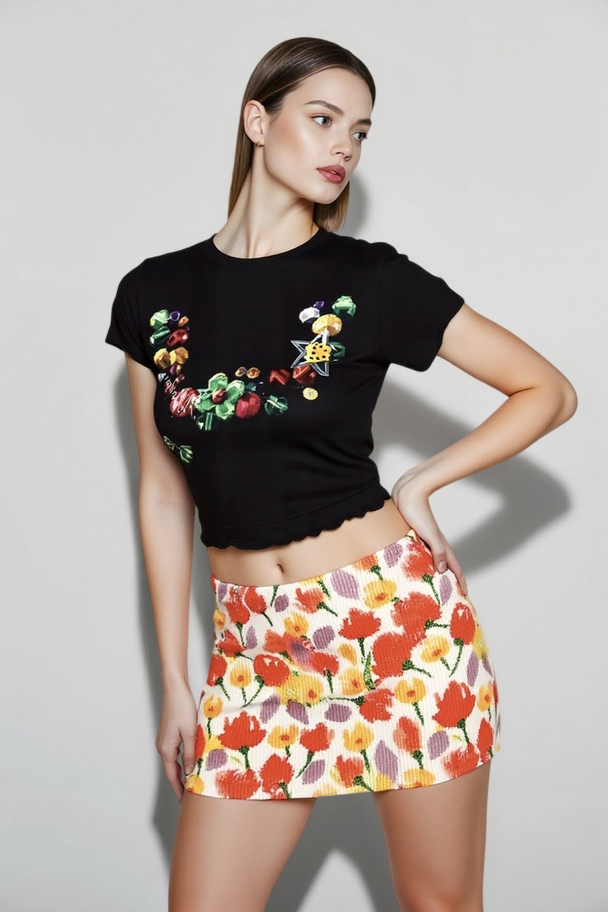 Tulip Floral Print Low Waist Bodycon Mini Skirt 3