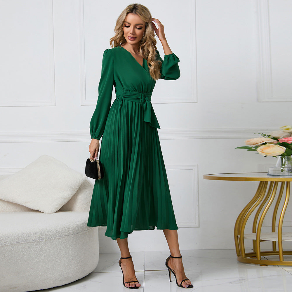 Minimalist Guillermina Pleated Midi Dress with a Crossover V Neck Designer Edit