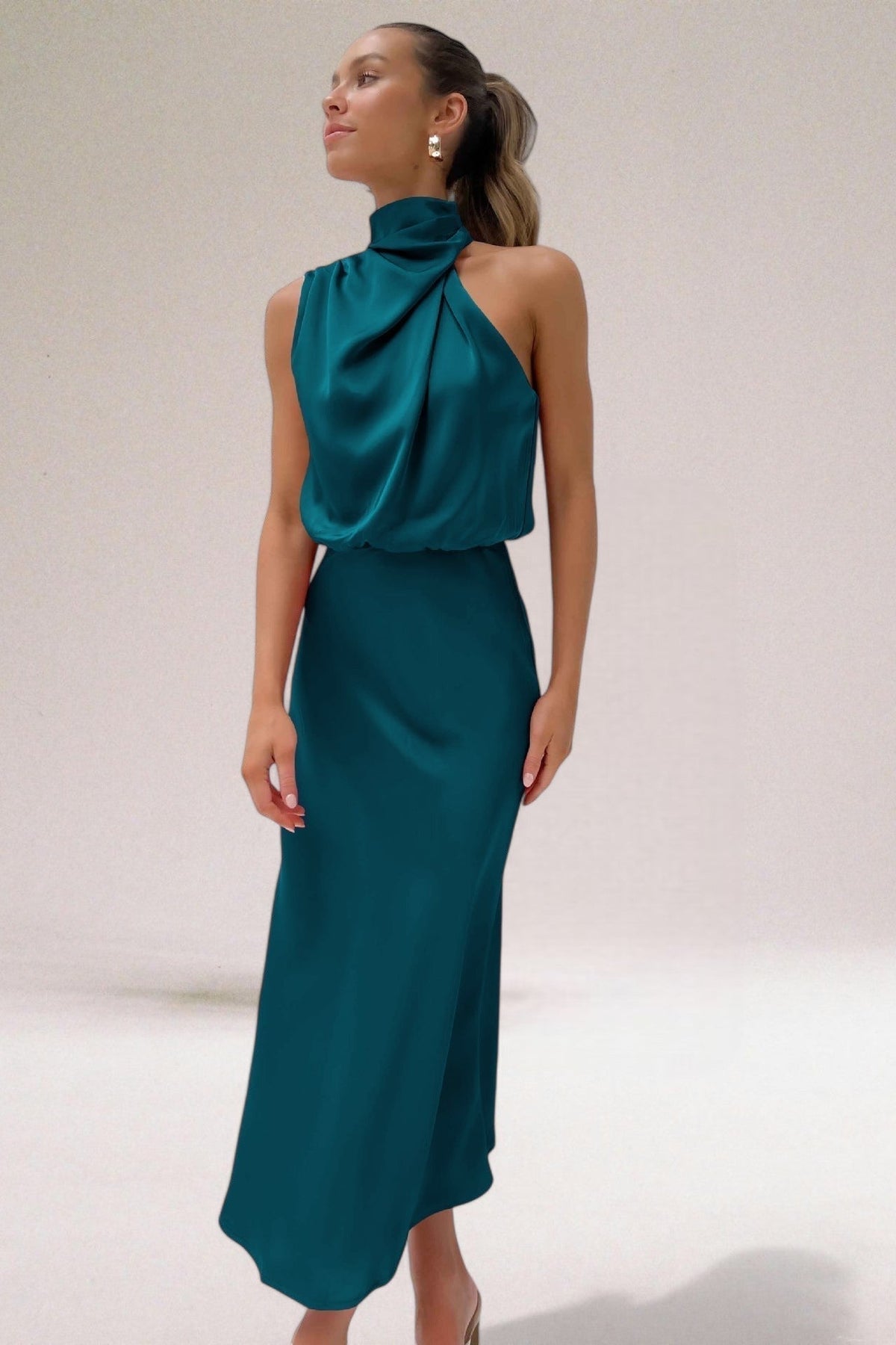 Satin High Neck One Shoulder Draped Maxi Dress