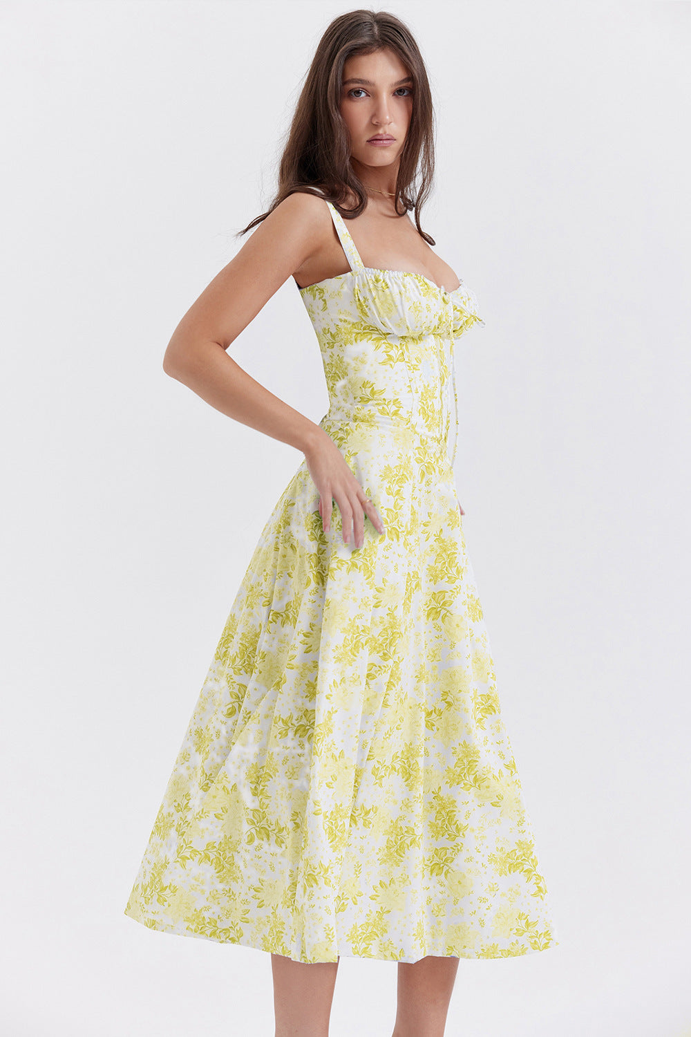 Floral Sweetheart Spaghetti Strap Corset Fit and Flare Midi Dress